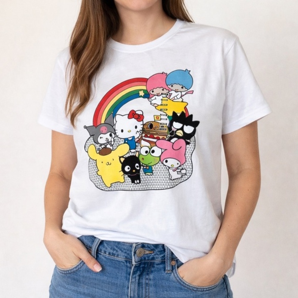 Hello Kitty & Friends Graphic Tee White Size M Sanrio Rainbow Shirt